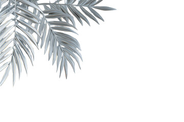 Silver palm fronds on a black background.  Detailed,  3D rendered,  light gray/silver palm leaves in a corner composition against black backdrop
