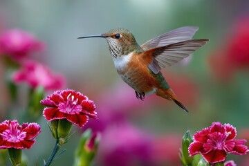 Obraz premium Vibrant Hummingbird Delighting in Dianthus Blooms: A Colorful Backyard Scene