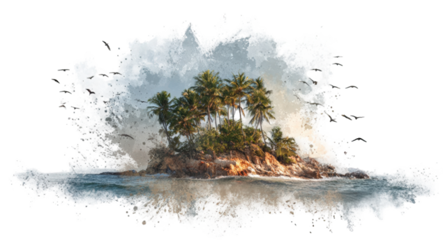 Tropical island framed by abstract brushstrokes