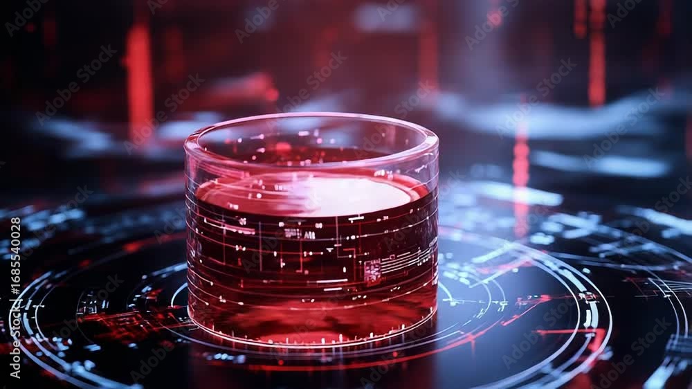 Poster beaker with red liquid analyzing data on futuristic interface