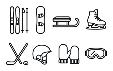 Winter sports gear: skis, snowboard, sled, ice skates, hockey sticks, helmet, mittens, goggles