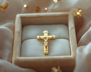 Modern Religious Monument - Elegant Gold Crucifix Pendant in Plush Display Box A surreal modern city skyline with glowing religious symbolism, dramatic architecture, spirituality, hope, faith and futu