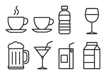 Collection of beverage icons: coffee, wine, beer, juice, and water outlines