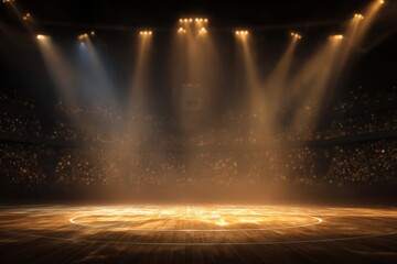 Dynamic Basketball Court Illuminated by Stadium Lights: A Vibrant Arena Scene for Spectators
