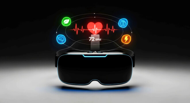 Virtual reality headset displaying health data and icons on a dark background technology
