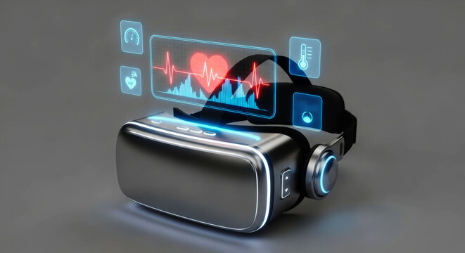 VR Headset Displays Heartbeat and Health Data on Gray Background virtual reality technology