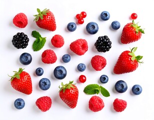 Obraz premium Assorted fresh berries arranged on white background (1)