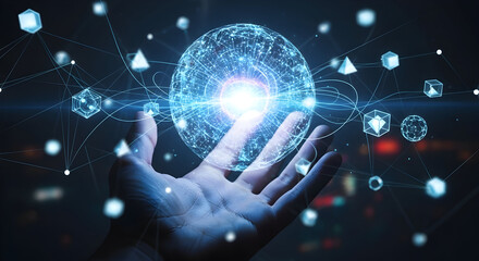 Conceptual representation of global network and data connection in human hand concept for technology and innovation with futuristic elements