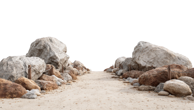 Path between large rocks on a sandy beach