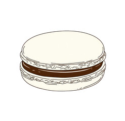 A simple, hand-drawn illustration of a macaron.  A light cream-colored macaron with a dark chocolate filling.  Rounded, sandwich-style confection