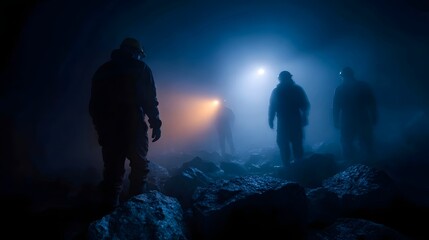 A team of intrepid explorers with headlamps navigate a dark misty and rocky underground cavern illuminated by beams of light