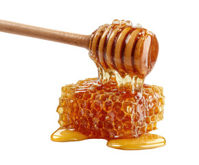 Honeycomb with dripping honey and wooden dipper