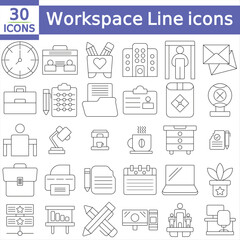  Office workspace line icon set. Containing Workplace, desk, coworking, employee, computer, and more. Editable stroke.