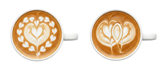 Two coffee mugs display unique heart-themed latte art on a clean white background, perfect for design and coffee-related projects.