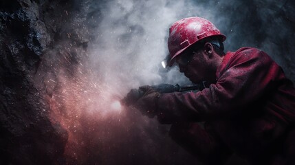 A focused miner in a hard hat and headlamp uses heavy drilling equipment to break rock generating bright sparks and dust inside a dark tunnel