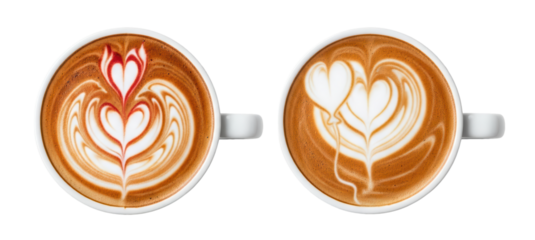 Two coffee mugs display unique heart-themed latte art on a clean white background, perfect for design and coffee-related projects.