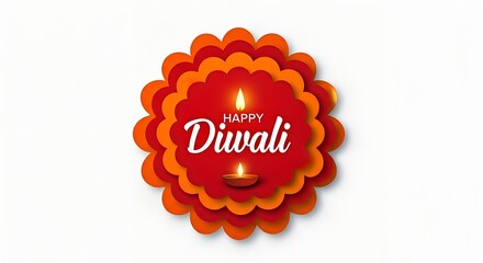 Graphic illustration of a Happy Diwali message in a vibrant orange and red diya lamp shape on a white background