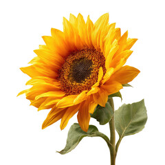 Close-up of a vibrant sunflower with a rich yellow-orange hue.  Dark center disk.  Green leaves