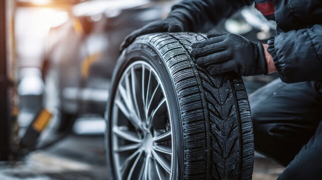 Professional Tire Technician Performing Wheel Change and Maintenance Service for Winter Tires in a Car Repair Shop - Powered by Adobe