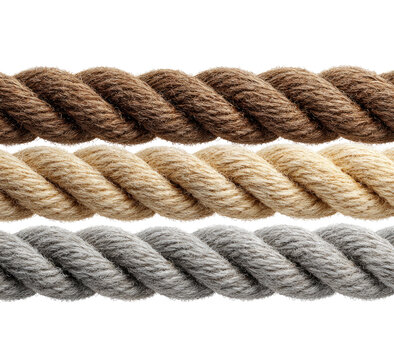 Three horizontal rows of twisted ropes in varying shades of brown, beige, and gray