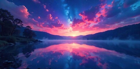 Obraz premium Night sky ablaze with vibrant, ethereal rainbow hues reflected in a tranquil lake, stars twinkling faintly Magical, dreamlike scene , night, galaxy