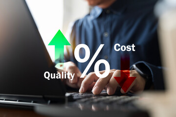 Increase quality and reduce cost concept with business man typing on laptop, green up arrow and red down