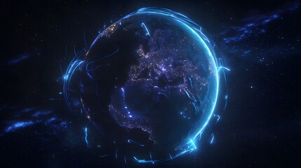 Earth slowly rotating in space with glowing neon lines connecting to futuristic power stations