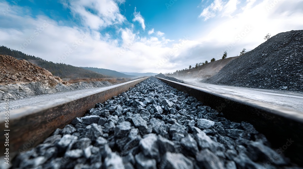Poster a low angle perspective captures an empty railway track stretching into the distance surrounded by v