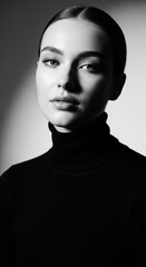 Elegant Grace: A captivating portrait of a woman radiating a sense of calm authority, her gaze meeting the viewer's with quiet intensity and a touch of enigmatic allure.