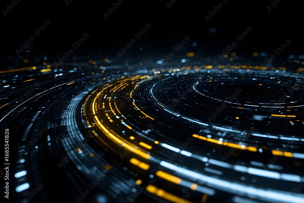 Poster a futuristic background with glowing blue and white lines forming circular patterns, creating an abs
