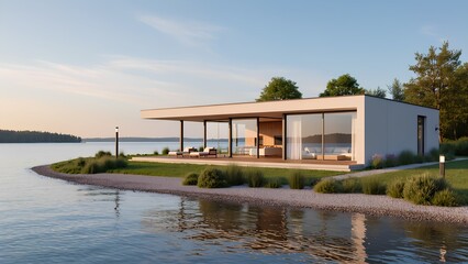 A breathtaking modern villa nestled on the tranquil shores of a serene lake, featuring expansive floor-to-ceiling glass windows.