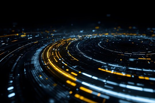 A futuristic background with glowing blue and white lines forming circular patterns, creating an abstract digital grid that appears to lead into the center of a dark portal or tunnel.