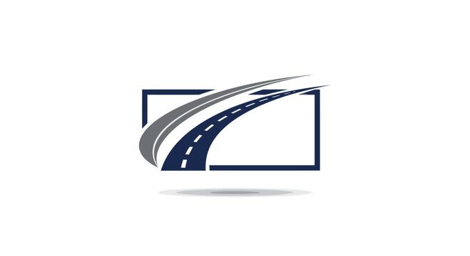 A modern logo of a curving blue highway with a grey swoosh breaking out of a dark rectangular frame.
