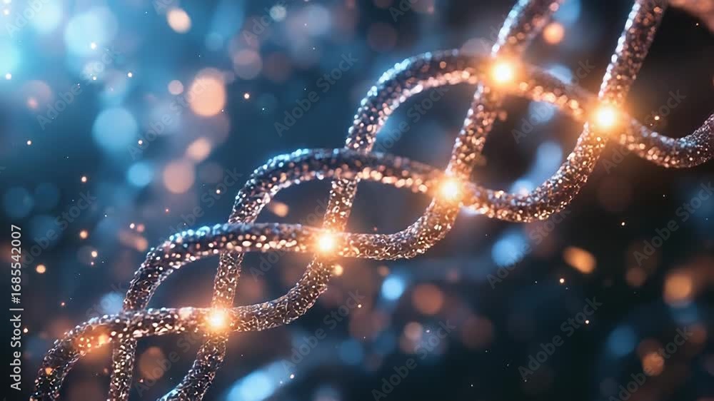 Poster dna double helix rotating with glowing particles in blue background
