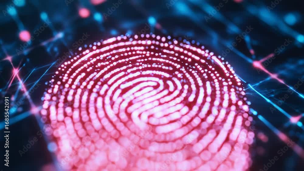 Poster glowing fingerprint representing biometric security and digital identity