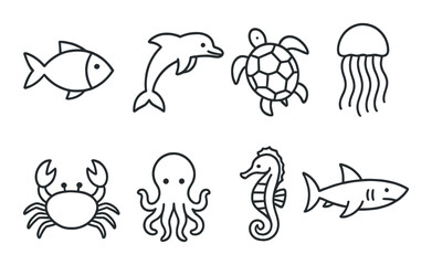 Fototapeta premium Silhouettes of sea creatures on dark background: fish, dolphin, turtle, jellyfish, crab, octopus, seahorse, shark