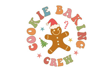 Retro groovy gingerbread man with santa hat and candy cane, text cookie baking crew isolated on transparent background
