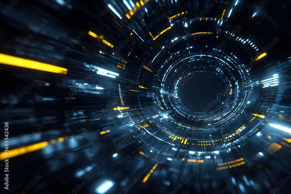 Poster a futuristic background with glowing blue and white lines forming circular patterns, creating an abs