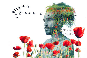 Double exposure portrait of thoughtful man blended with red poppy field and flying birds.