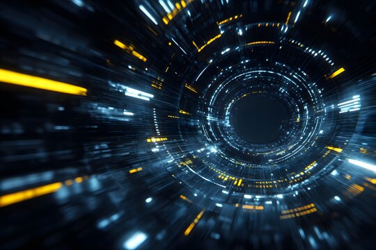 A futuristic background with glowing blue and white lines forming circular patterns, creating an abstract digital grid that appears to lead into the center of a dark portal or tunnel.