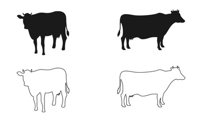 silhouette of cow with different view, vector illustration isolated on white background.