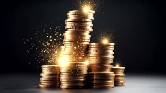 A dazzling stack of gold coins shimmering with sparkles against a dark background
