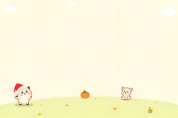 Fototapeta premium Festive Kittens with Pumpkin on Green Field