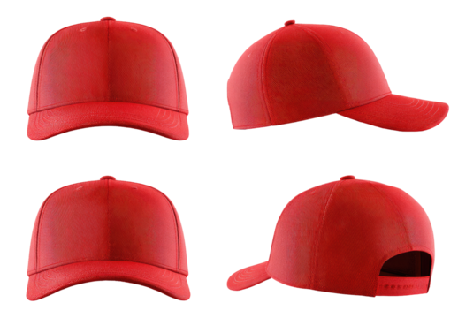 Four views of a bright red baseball cap