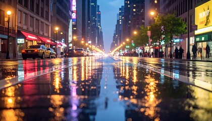 雨で濡れた道路に反射するライトの光