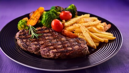 high quality image of a grilled steak with a side of fresh vegetables and french fries presented attractively on a dark plate the food is beautifully arranged against a vivid purple backdrop