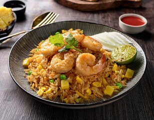 delicious thai fried rice with shrimp egg and pineapple arranged artistically showcasing vibrant colors and textures