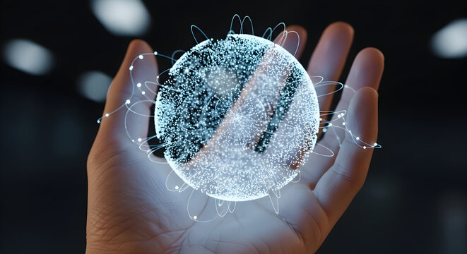 Hand holding digital globe with glowing connections representing global network connectivity