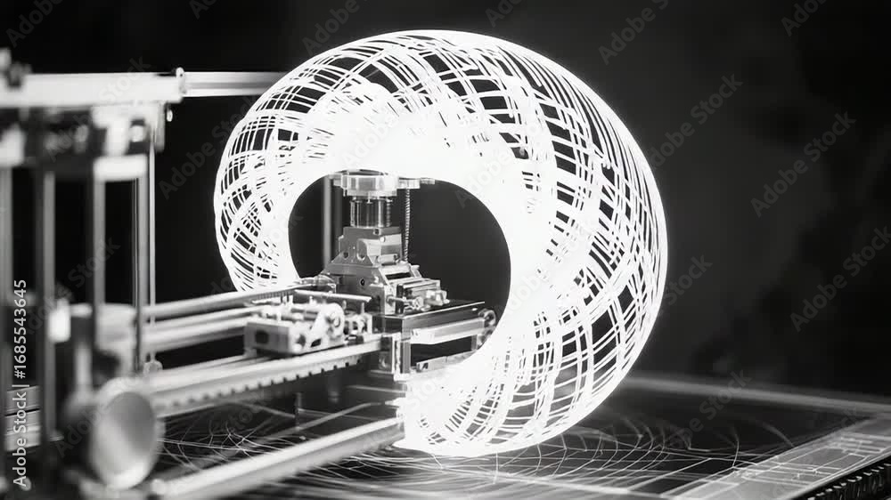 Poster 3d printer creating complex spherical design with light trails in modern laboratory