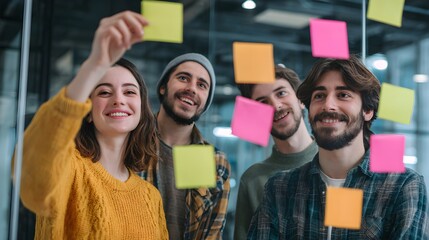 Collaborative brainstorming session with diverse young professionals using sticky notes on glass wall.